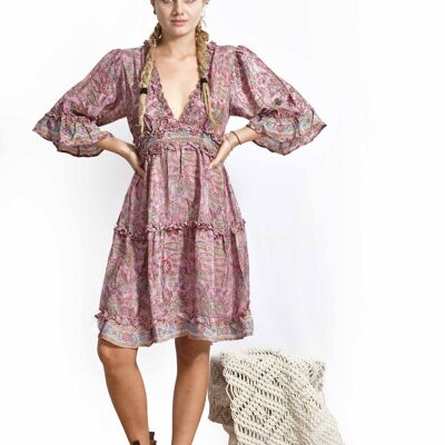 Short printed bohemian dress, eco-friendly boho dress with frilled bell sleeves.