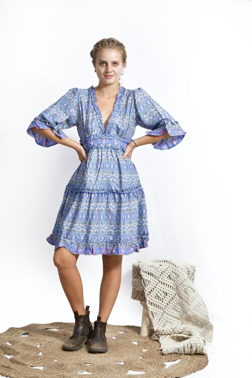 Short printed bohemian dress, eco-friendly boho dress with frilled bell sleeves Blue