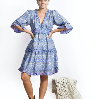 Kurzes bedrucktes Boho-Kleid, umweltfreundliches Boho-Kleid mit Rüschenglockenärmeln Blau
