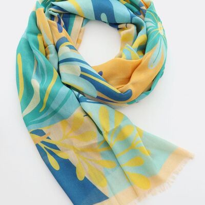 Scarf Ecovero (TM) / Big Flowers – blue / yellow