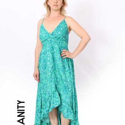 V-Ausschnitt bedrucktes kurzes Boho-Kleid mit Rüschen, umweltfreundliches Boho-Kleid mit offenem Rücken