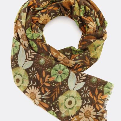 Wool scarf / Mystic Flowers - brown / green