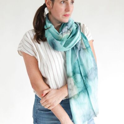 Scarf 100% organic cotton / batik watercolor - turquoise