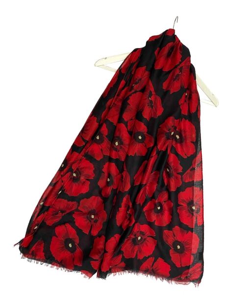 Bold Red Poppy Print Frayed Scarf