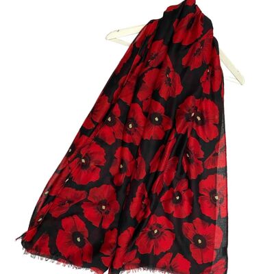 Bufanda deshilachada con estampado de amapolas rojas llamativas