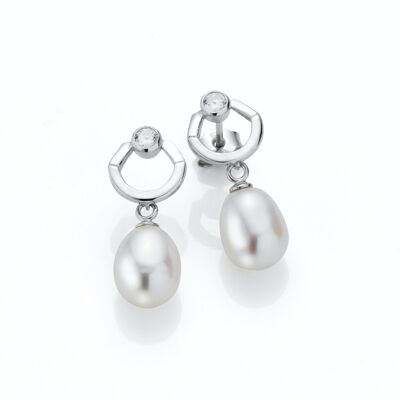 Pearl earrings geometric with freshwater pearl drops with zirconia