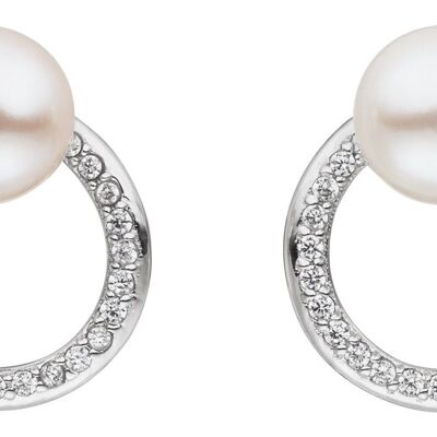 Pearl ear studs circle with integrated freshwater pearl and zirconia