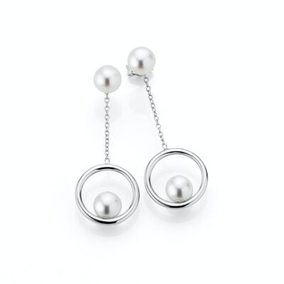 Pearl drop earrings with a circle element with an integrated freshwater pearl