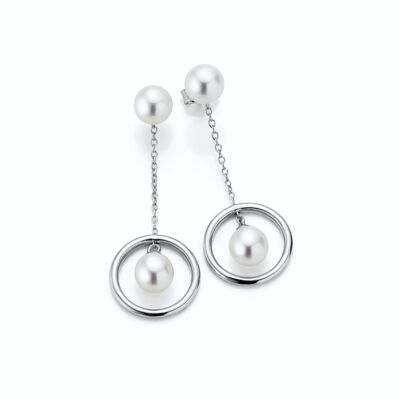 Pearl drop earrings with a circle element with a floating freshwater pearl