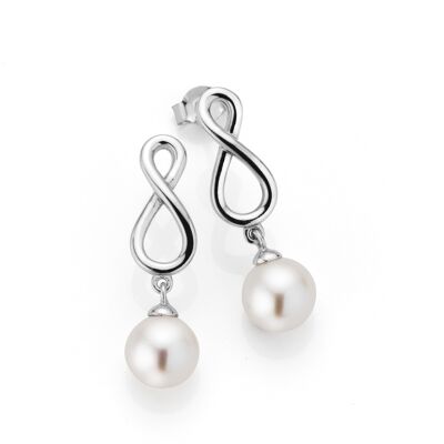 Pearl ear studs infinity silver - freshwater round white