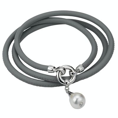 Leather bracelet gray with a pearl - freshwater round white