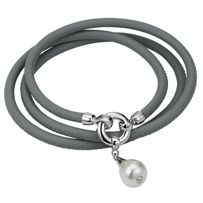 Pulsera de cuero gris con una perla - agua dulce redonda blanca