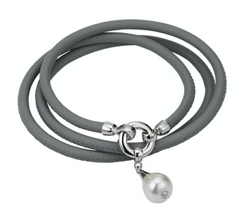 Bracelet en cuir gris avec une perle - ronde blanche d'eau douce 1