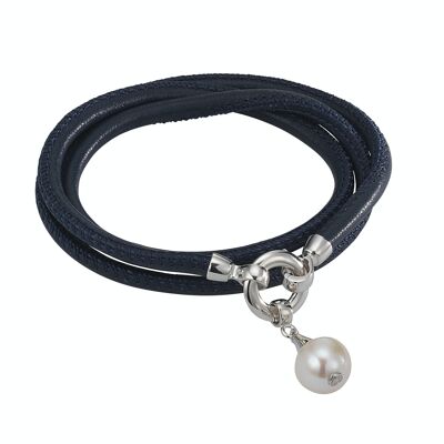 Bracelet en cuir bleu foncé avec une perle - ronde blanche d'eau douce