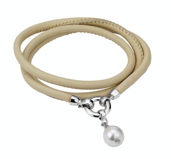 Bracelet en cuir poudré avec une perle - ronde d'eau douce blanche 1