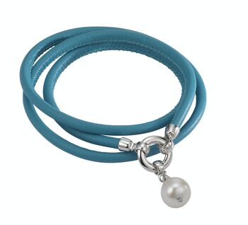 Bracelet cuir turquoise avec une perle - ronde blanche d'eau douce 1