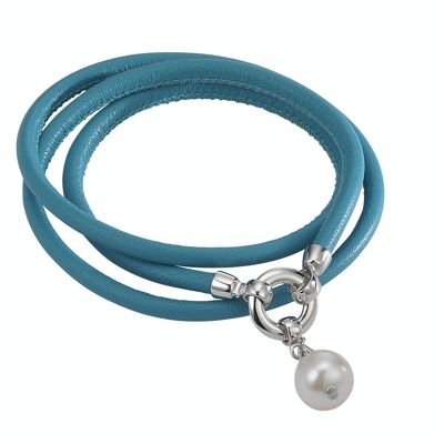 Bracelet cuir turquoise avec une perle - ronde blanche d'eau douce