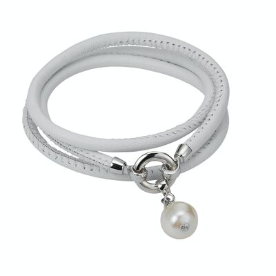 Pulsera de cuero blanca con una perla - agua dulce redonda blanca