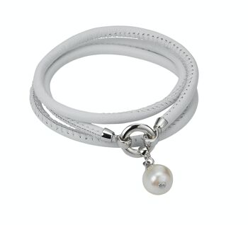 Bracelet en cuir blanc avec une perle - rond blanc d'eau douce 1