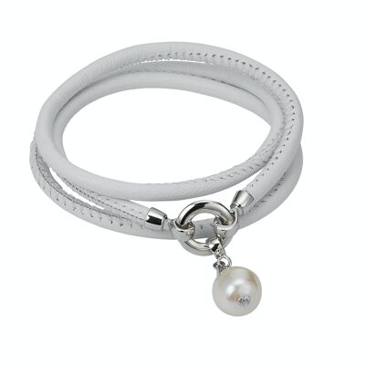Bracelet en cuir blanc avec une perle - rond blanc d'eau douce