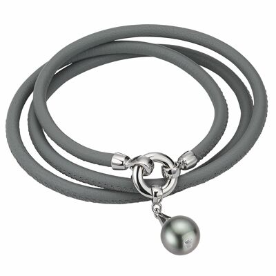Leather bracelet gray with a pearl - Tahiti round dark