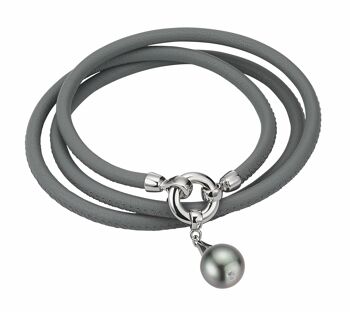 Bracelet cuir gris avec une perle - Tahiti rond foncé 1