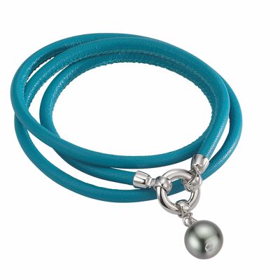 Leather bracelet turquoise with a pearl - Tahiti round dark