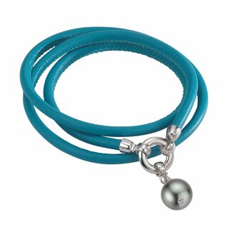 Bracelet cuir turquoise avec une perle - Tahiti rond foncé 1