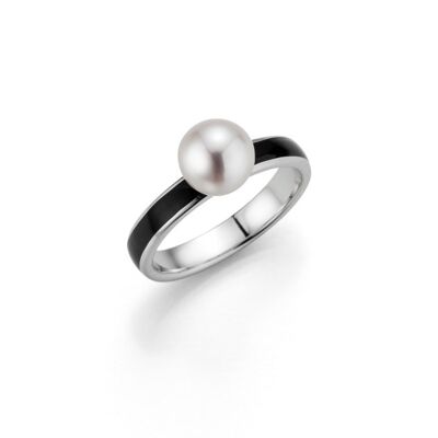 Modern pearl ring silver black - freshwater round white