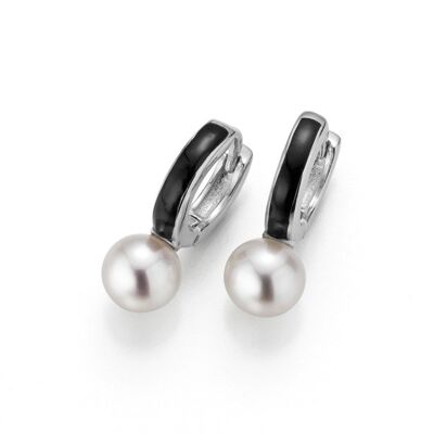 Pendientes de aro de perlas modernas plata negro - agua dulce redondo blanco