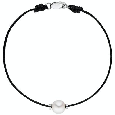 Bracelet textile noir avec une perle - semi-ronde blanche d'eau douce