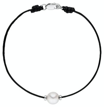 Bracelet textile noir avec une perle - semi-ronde blanche d'eau douce 1