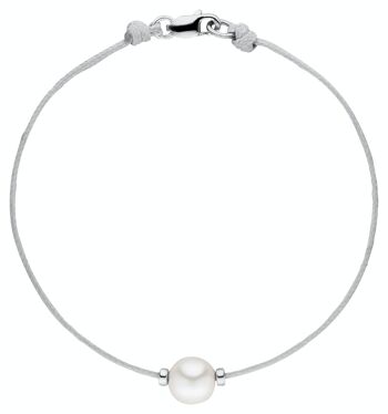 Bracelet textile gris avec une perle - semi-ronde d'eau douce blanche 1
