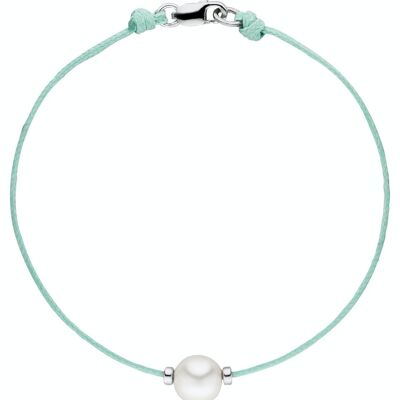 Bracelet textile turquoise avec une perle - blanc semi-rond d'eau douce