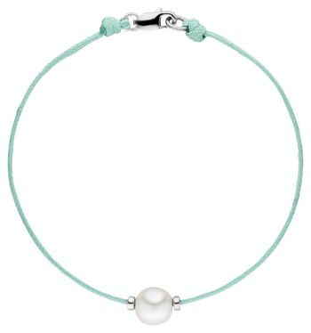 Bracelet textile turquoise avec une perle - blanc semi-rond d'eau douce 1