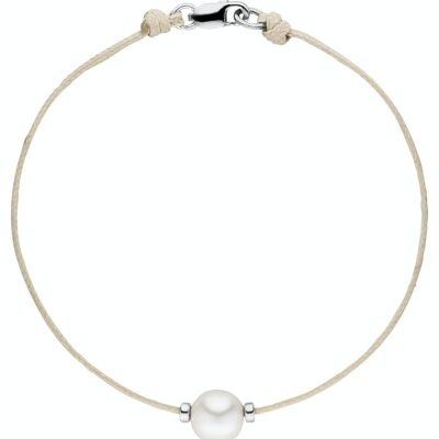 Bracciale in tessuto beige con una perla - d'acqua dolce semitonda bianca