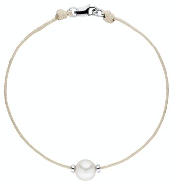 Bracelet textile beige avec une perle - semi-ronde d'eau douce blanche 1