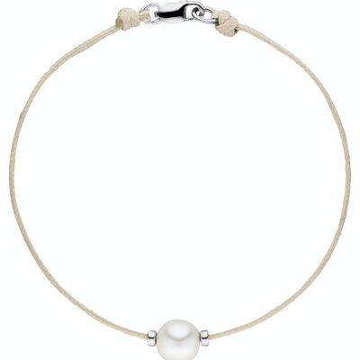 Bracelet textile beige avec une perle - semi-ronde d'eau douce blanche