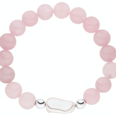 Pulsera de cuarzo rosa con una perla - blanco barroco de agua dulce