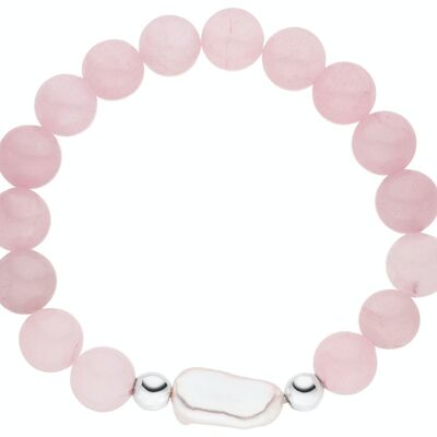 Bracelet en quartz rose avec une perle - blanc baroque d'eau douce