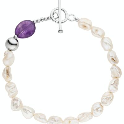 Pulsera de perlas con amatista violeta - agua dulce, blanco barroco