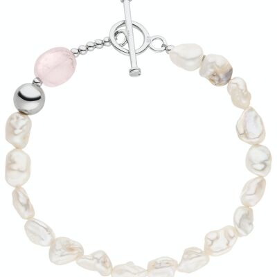 Pearl bracelet with rose quartz pink - freshwater, baroque white
