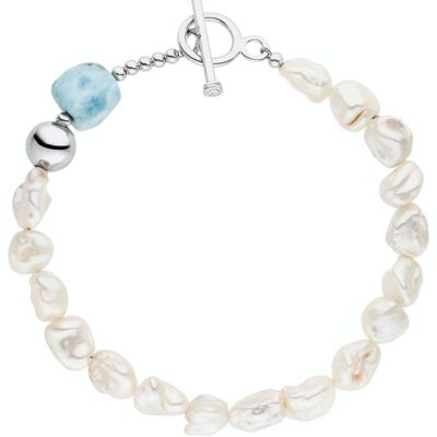 Pearl bracelet with larimar turquoise - freshwater baroque white