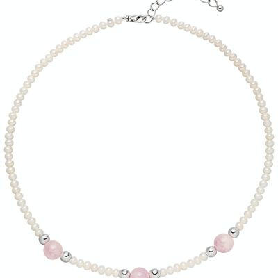 Collar de perlas con cuarzo rosa - blanco redondo de agua dulce