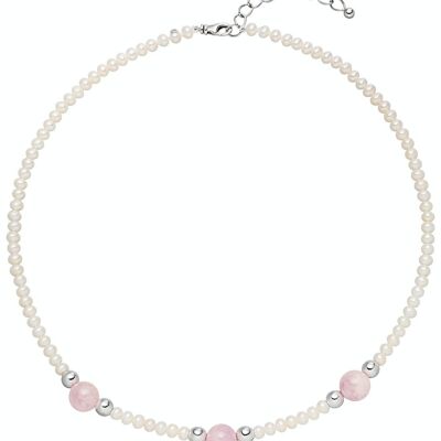 Collana di perle con quarzo rosa - tondo bianco d'acqua dolce