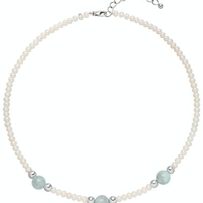 Pearl necklace with aquamarine freshwater round white