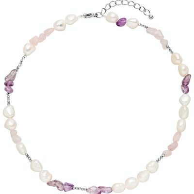 Perlenkette mit Rosenquarz und Amethyst -Süßwasser barock weiß