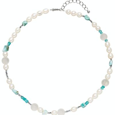 Perlenkette mit Natursteinen türkis -Süßwasser barock weiß