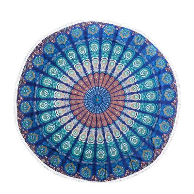 Runde Leinwand "Blaues Mandala" mit Baumwollbommeln