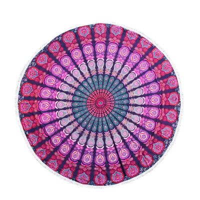 Toile ronde "Mandala Lavande" à pompons en coton